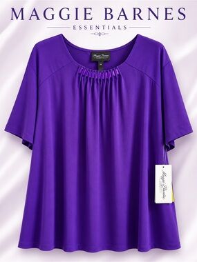 Maggie Barnes Vibrant Purple Short-Sleeve Pleated-Neck Top NWT